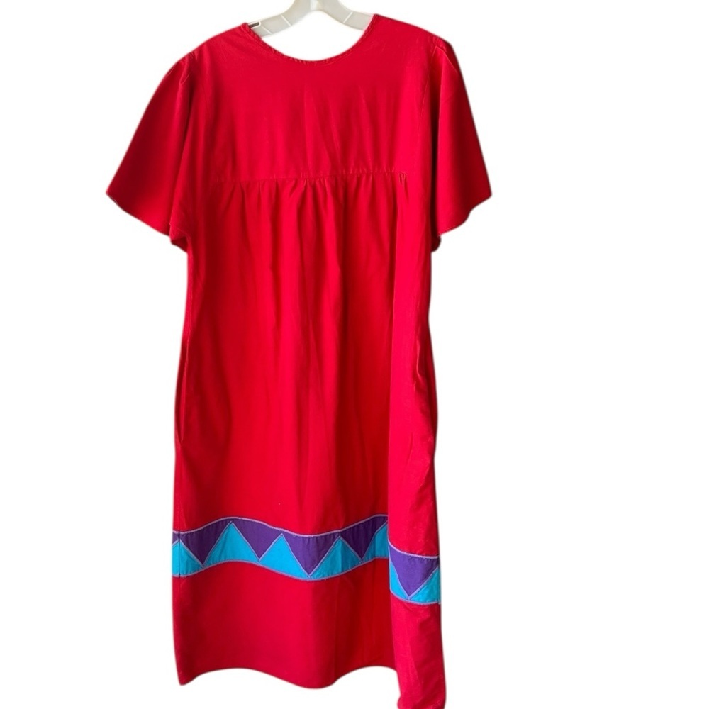 Vintage 70’s Cotton Guatemala Hand Made Red Dress Patchwork Sz M-L - Picture 7 of 7